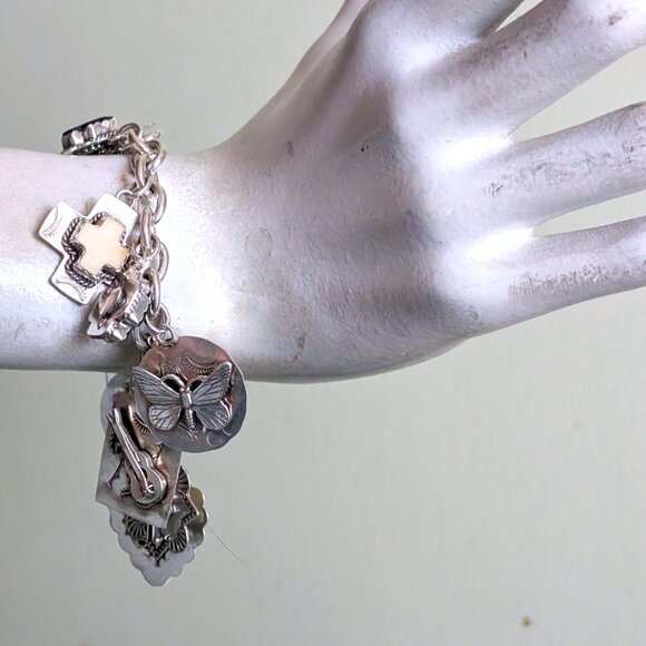 Joan Slifka Sterling 925 Heart Angel Cross Love Luck Charm Two Sided Bracelet - Picture 4 of 14
